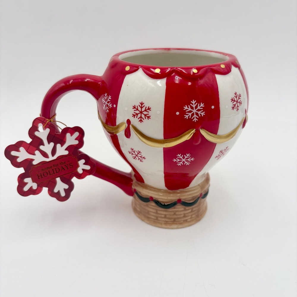 Christmas Hot Air Balloon Mug Festive Snowflake Design Red White Gold Handle - Picture 2 of 5